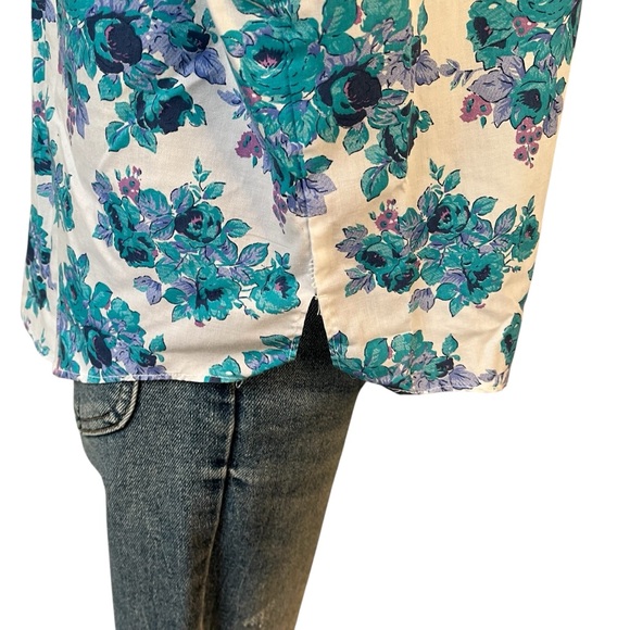 Vintage 90s floral print button down short sleeve shirt white blue M - Picture 11 of 16